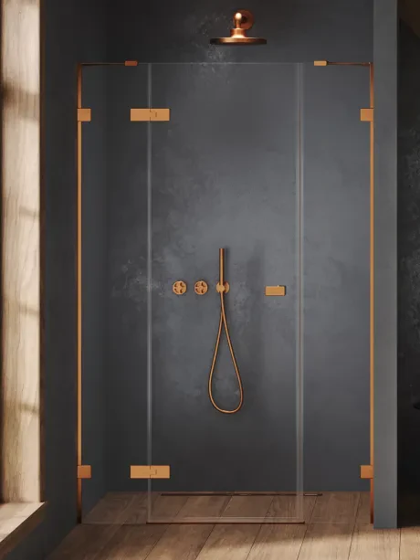 Įleidžiamosios durys Oxia Copper Brushed Plus vienvėrės, vyriai ant mažos sienelės, pasviręs laikiklis