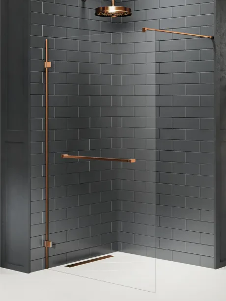 Avexa Copper Brushed vientisa dušo kabina su turėklų stovu. Stiklo storis 6 mm.
