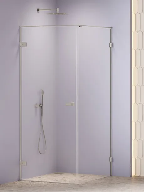 Oxia Nickel Brushed shower enclosure single swinging door, hinge to wall