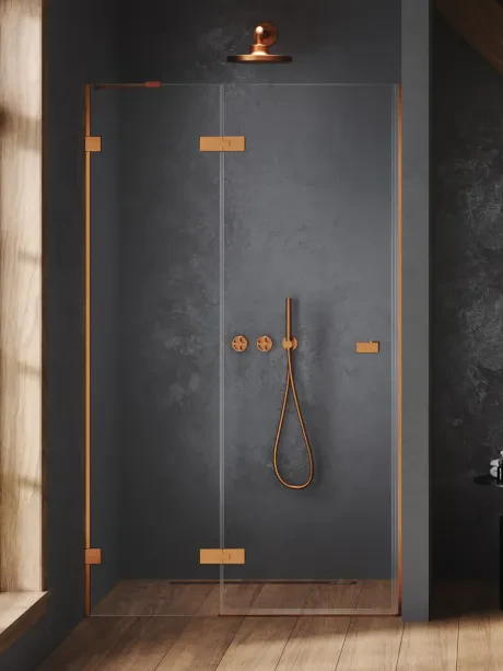 Nišinės durys Oxia Copper Brushed vienvėrės, vyriai ant mažos sienelės, pasviręs laikiklis