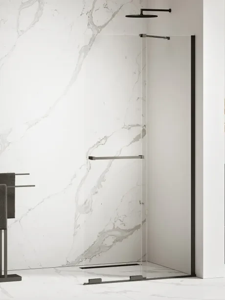 „Smart Black“ dušo kabina „walk-in“, stumiamoji, su įstrižine atrama, turėklas