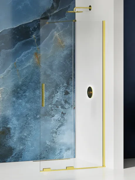 „Smart Light Gold“ dušo kabina su stumdomomis durimis.