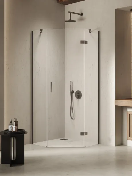 Dušo kabina Nesta Gunmetal Brushed, penkiakampė, viengubos durys