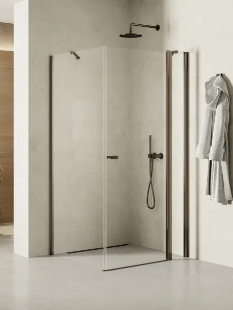 New Soleo Gunmetal Brushed" dušo kabina, viengubos durys, su papildoma sienele