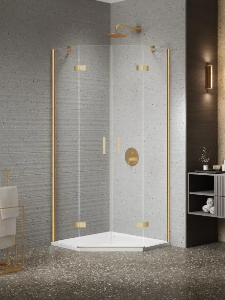 Dušo kabina Nesta Gold Brushed, penkiakampė, dvigubos durys