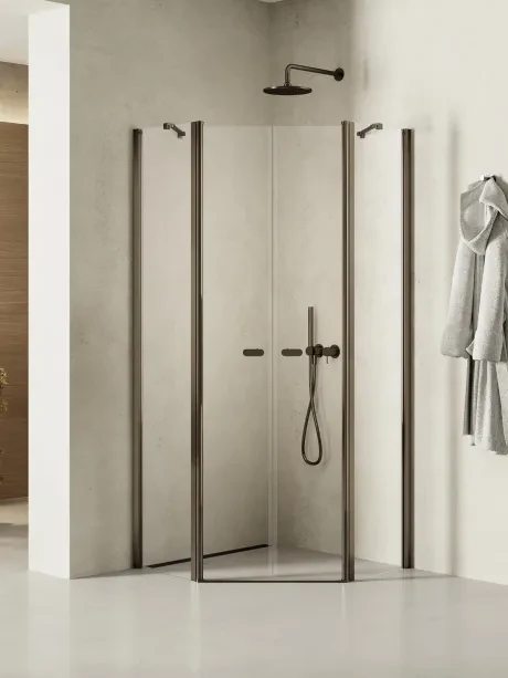 New Soleo Gunmetal Brushed" dušo kabina, penkiakampė, dvigubos durys