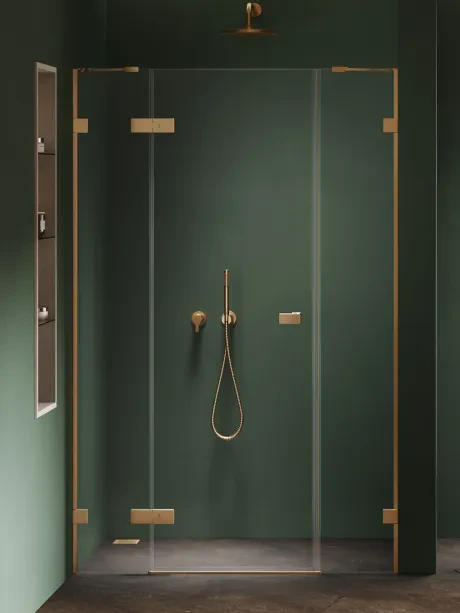 Įleidžiamosios durys Oxia Gold Brushed Plus vieno varstymo, vyriai ant mažos sienelės, pasviręs laikiklis