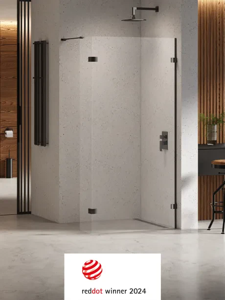 Eventa Black Chrome walk-in shower enclosure. Single-panel, with an additional side panel