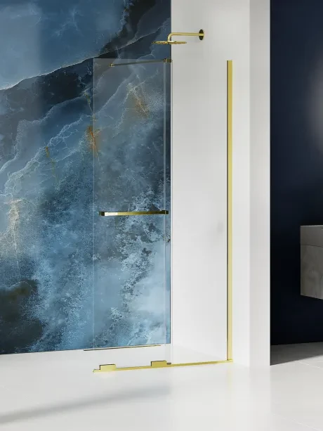 „Smart Light Gold“ dušo kabina su tiesioginiu įėjimu, stumiamoji, statmenas atraminis strypas, turėklai