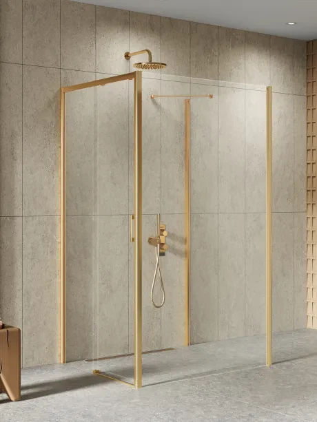 Dušo kabina Prime Gold Brushed, sieninė, viengubos stumdomos durys iš kampo