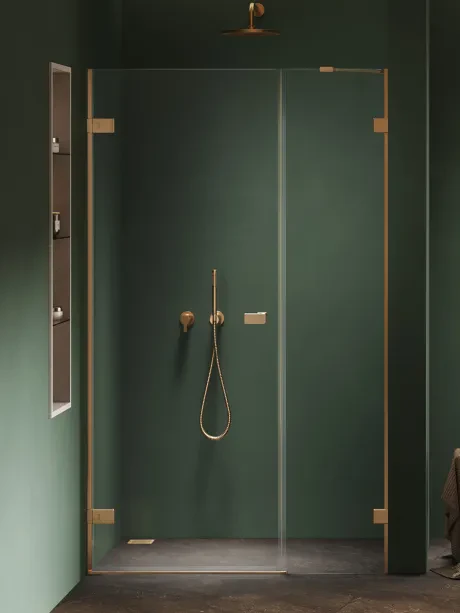 Įleidžiamosios durys Oxia Gold Brushed Plus vienvėrės durys, vyriai prie sienos, nuožulnus laikiklis
