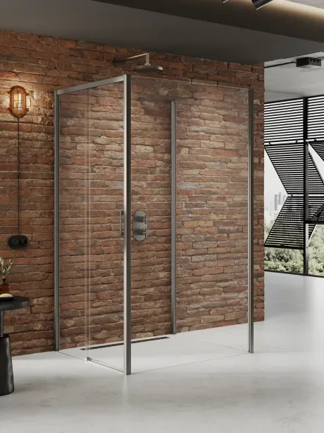Dušo kabina Prime Gunmetal Brushed, sieninė, šoninės durys, stumdomos iš kampo