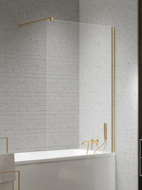 Vonios užsklanda Nesta Gold Brushed, fiksuota, statmenas laikiklis