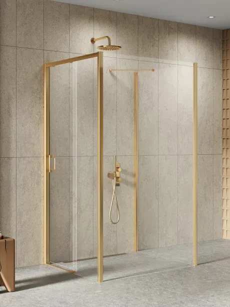 Dušo kabina Prime Gold Brushed, sieninė, šoninės durys, stumdomos nuo sienos