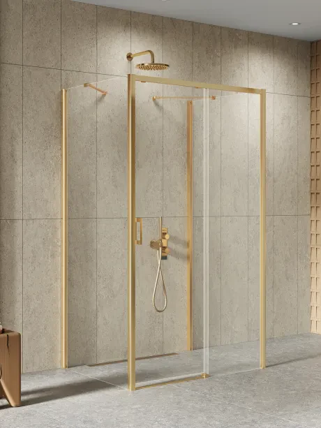 Dušo kabina Prime Gold Brushed, sieninė, viengubos durys, priekinė