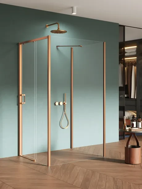 Dušo kabina Prime Copper Brushed, sieninė, šoninės durys, stumdomos nuo sienos