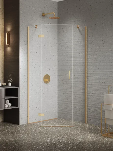 Dušo kabina Nesta Gold Brushed, penkiakampė, viengubos durys