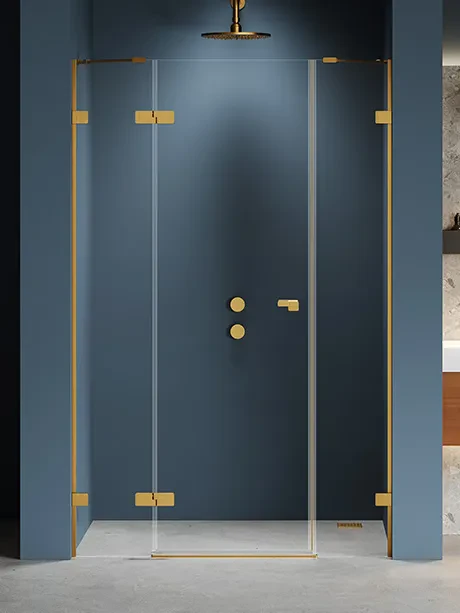 Eventa Gold Brushed recessed door, single with additional wall.