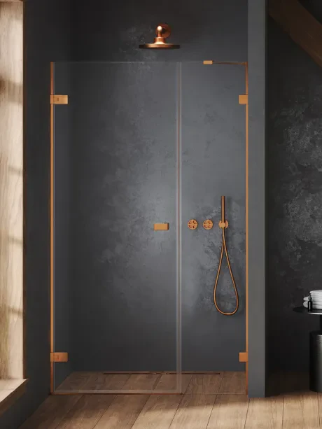 Įleidžiamosios durys Oxia Copper Brushed Plus vienvėrės durys, vyriai prie sienos, nuožulnus laikiklis