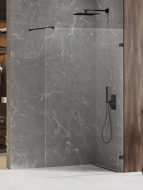 „Avexa Black“ „walk-in“ dušo kabina, vienos dalies, stiklo storis 6 mm