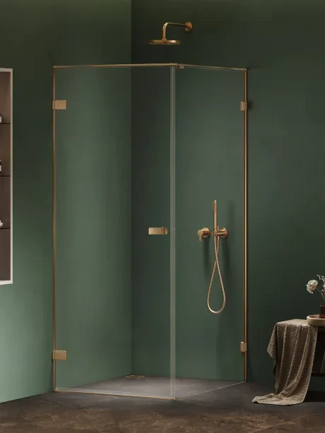 Oxia GOLD BRUSHED shower enclosure single swinging door, hinge to wall