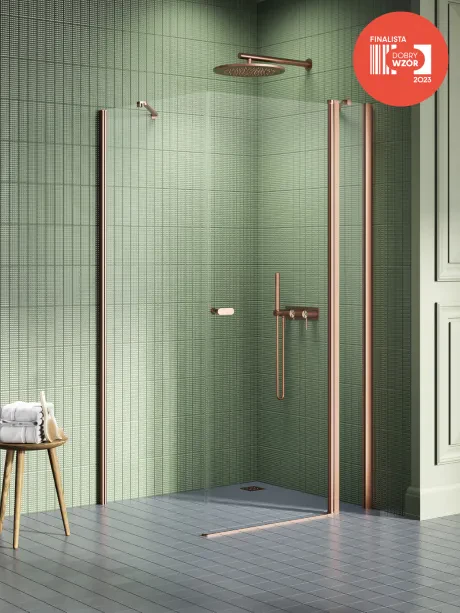 New Soleo Copper Brushed" dušo kabina, viengubos durys, su papildoma sienele