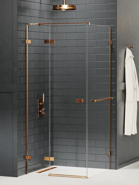 Dušo kabina „Avexa Copper Brushed“, viengubos durys, su relinginiu rankšluosčių laikikliu