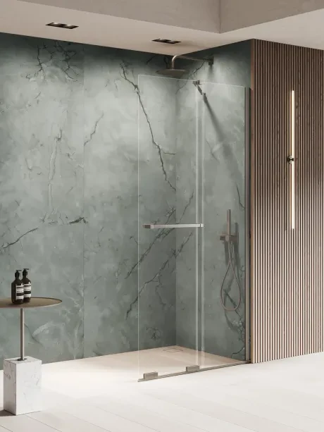 Dušo kabina Smart Gunmetal Brushed, slankiojanti, nuožulnus laikiklis, turėklai