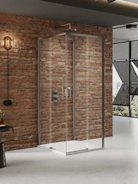 Dušo kabina Prime Gunmetal Brushed, sieninė, dvigubos stumdomos durys, kampinis įėjimas