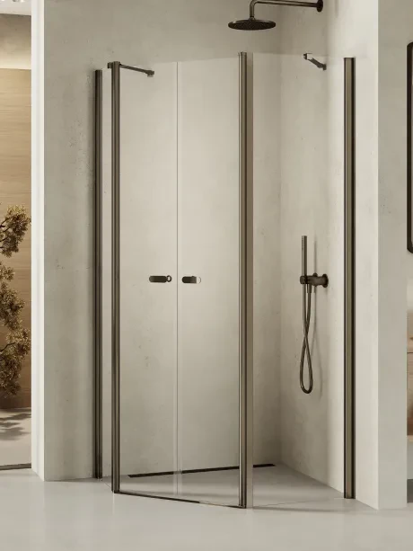 New Soleo Gunmetal Brushed dušo kabina, penkiakampė, asimetriška, dvigubos durys