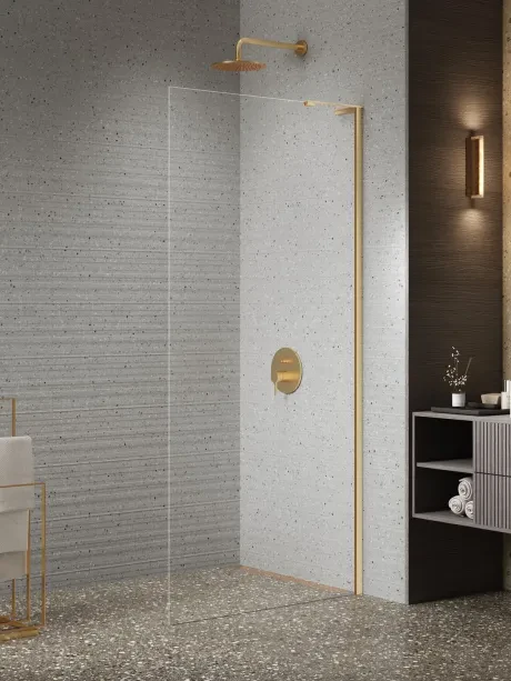 Nesta Gold Brushed dušo kabina, vaikščiojanti, kampinis laikiklis