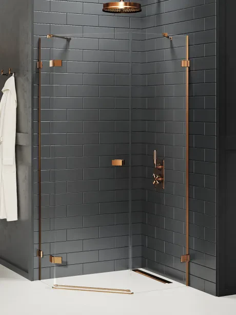 Dušo kabina „Avexa Copper Brushed“, asimetrinė, penkiakampė