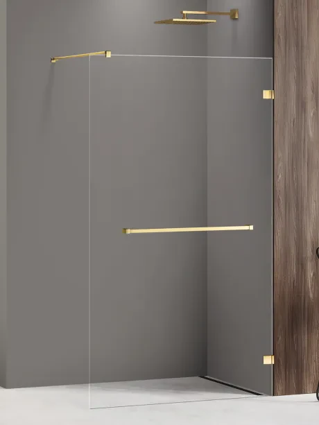 Avexa Gold Shine vientisa dušo kabina su turėklų pakaba. Stiklo storis 8 mm.