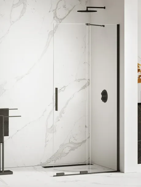 „Smart Black“ dušo kabina „walk-in“, stumiamoji, su įstrižine atrama