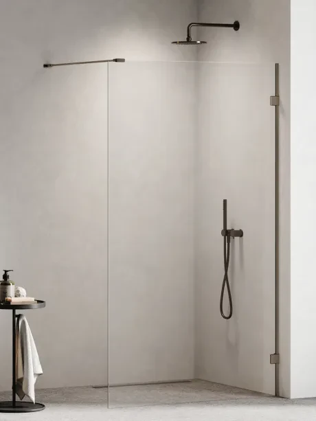 Dušo kabina „Oxia Gunmetal Brushed“ be slenksčio, vienos dalies, su statmenu atraminiu strypu
