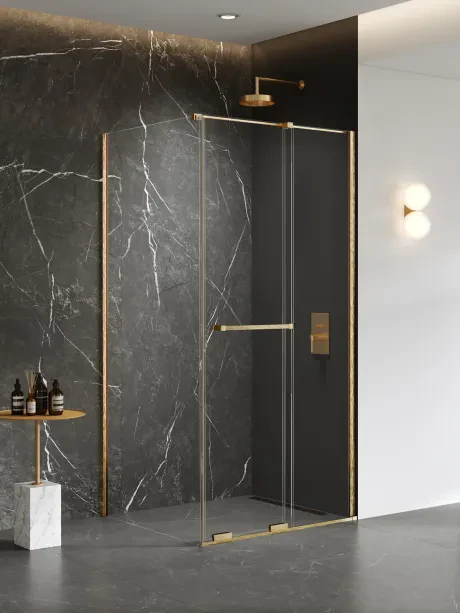 Dušo kabina Smart Gold Brushed, stumdomos durys, turėklas
