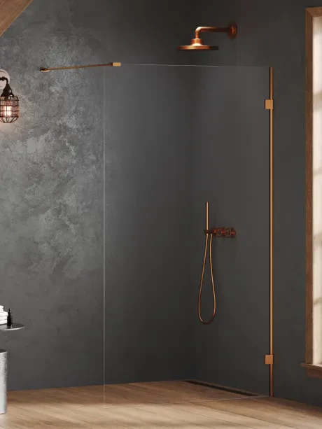 Dušo kabina „Oxia Copper Brushed“ be slenksčio, vieno elemento, su statmenu atraminiu strypu