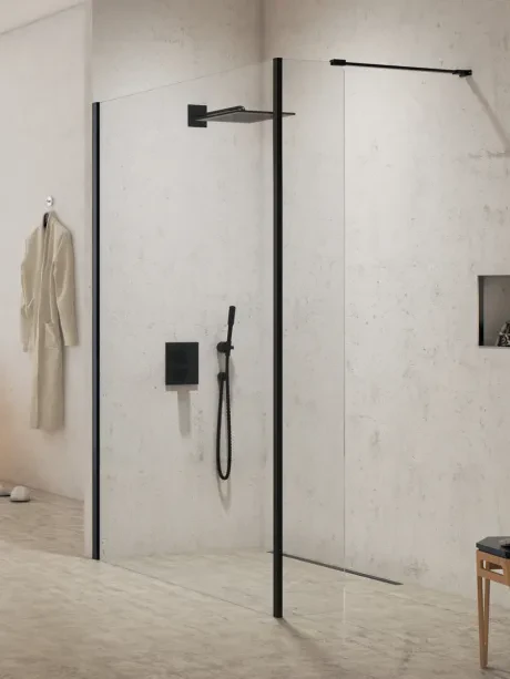 Walk-in shower enclosure New Modus Black, one-piece, with additional wall.