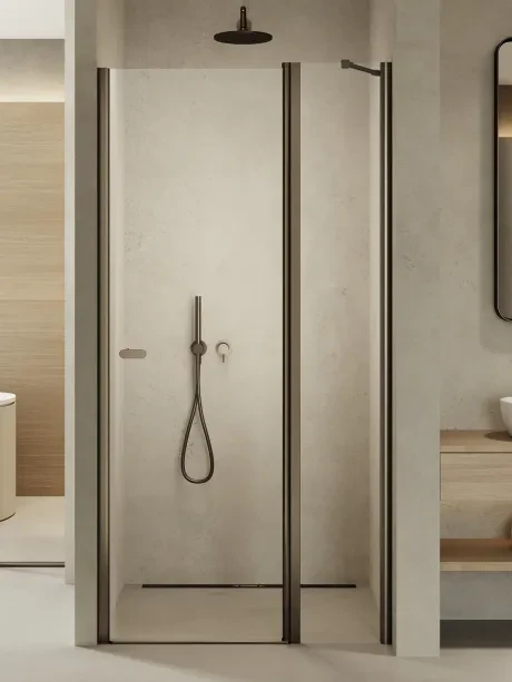 New Soleo Gunmetal Brushed recessed door, single, swing-out, plus hinged side panel, angled bracket