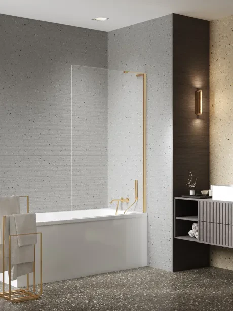 Vonios užsklanda Nesta Gold Brushed, fiksuota, kampinis laikiklis