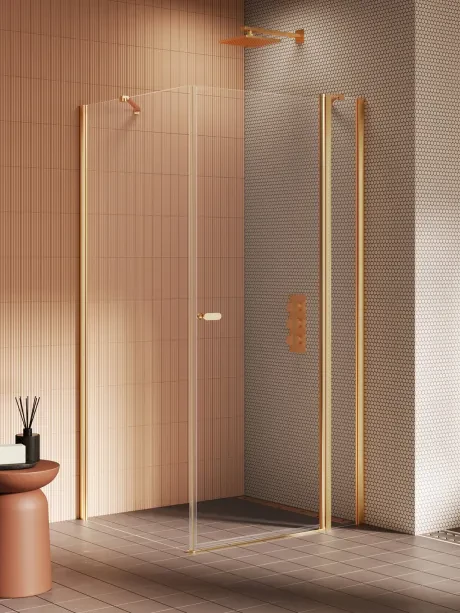 New Soleo Gold Brushed" dušo kabina, viengubos durys, su papildoma sienele