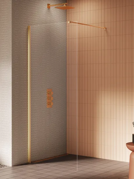New Soleo Gold Brushed" dušo kabina, statmenas laikiklis, įėjimas