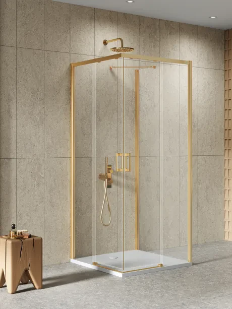 Dušo kabina Prime Gold Brushed, sieninė, dvigubos stumdomos durys, kampinis įėjimas
