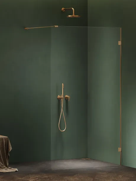 Dušo kabina „Oxia Gold Brushed“ be slenksčio, vienos dalies, su statmenu atraminiu strypu