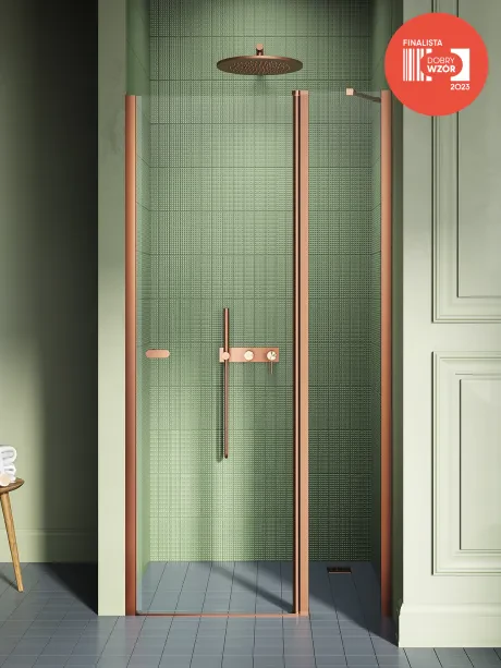 New Soleo Copper Brushed recessed door, single, swing-style, plus a hinged panel with a diagonal support bracket.