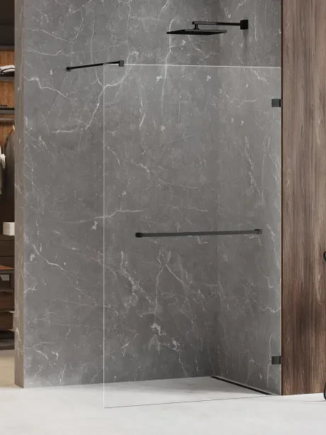 "Avexa Black" juoda vientisa dušo kabina su turėklų pakaba. Stiklo storis 6 mm.