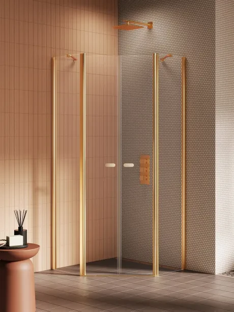 New Soleo Gold Brushed" dušo kabina, penkiakampė, dvigubos durys