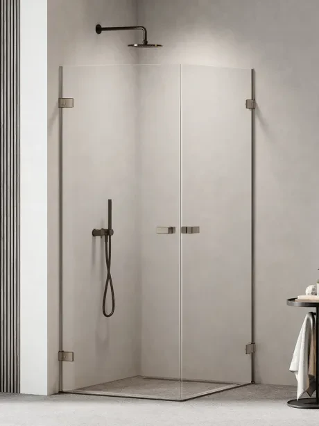Oxia GUNMETAL BRUSHED dušo kabina su dvigubomis varstomomis durimis, tvirtinama prie sienos vyriais
