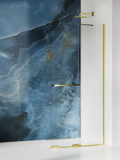 „Smart Light Gold“ dušo kabina „walk-in“, stumiamoji, su įstrižine atrama, turėklas