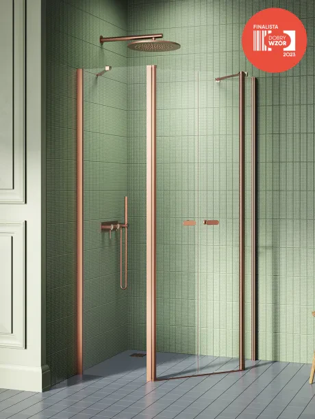New Soleo Copper Brushed" dušo kabina, penkiakampė, asimetriška, dvigubos durys